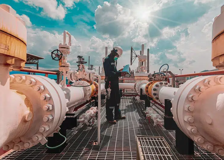 Heinz Oil technician inspecting piping systems at an oil facility